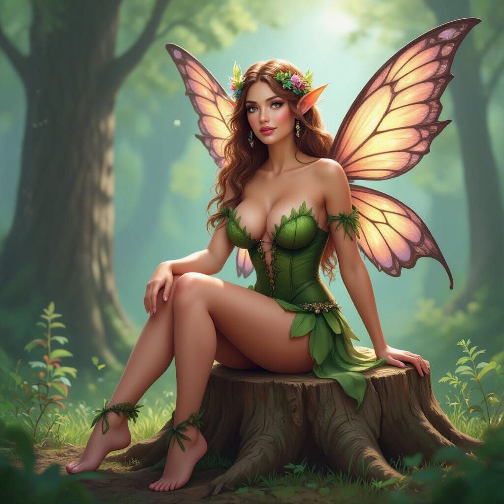 Forest Fairy with Ornate Wings on Stump