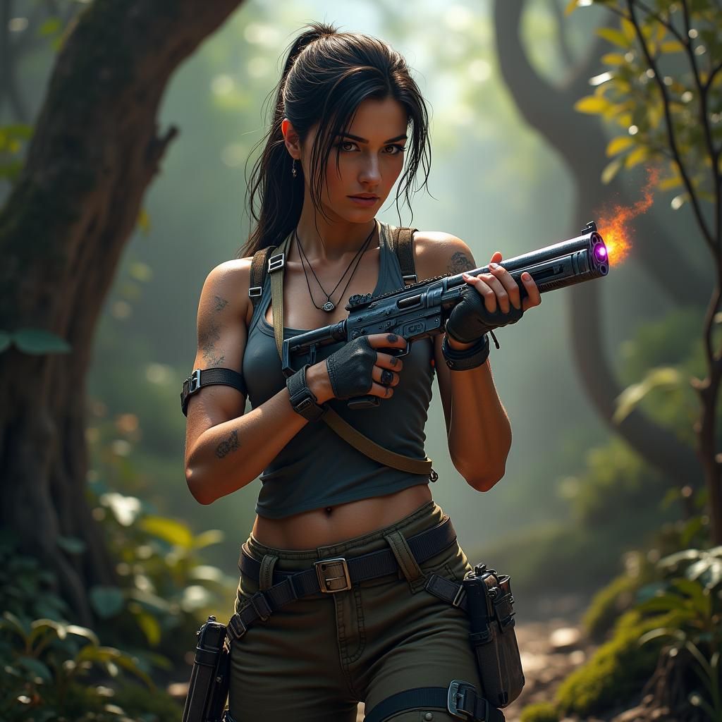 a photo of lara croft with her guns after raffle and she blo...