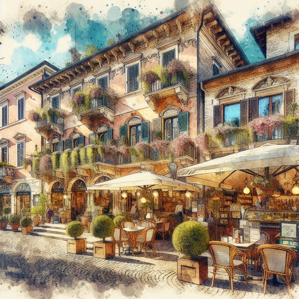 Elegant Vintage Coffeehouse in Italy: Digital Watercolor Pai...
