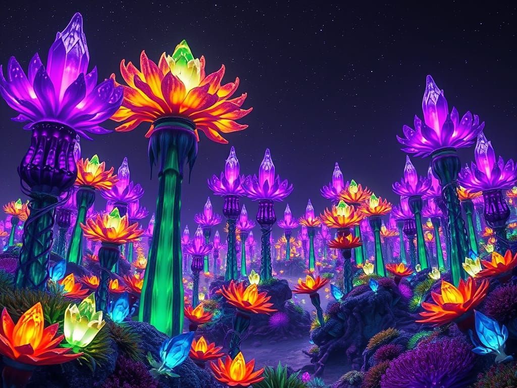 Dreamlike Alien World with Towering Bioluminescent Plants