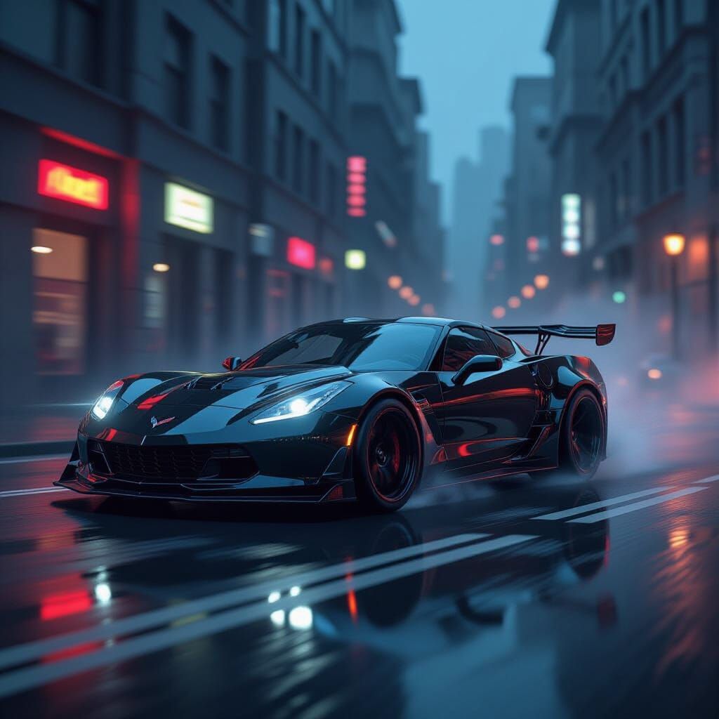 Corvette Drifting at Night in Cyberpunk Style
