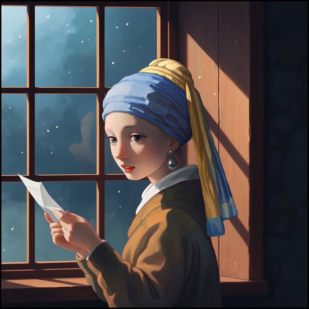 Anime Girl Reading Letter by Window in Ghibli Style
