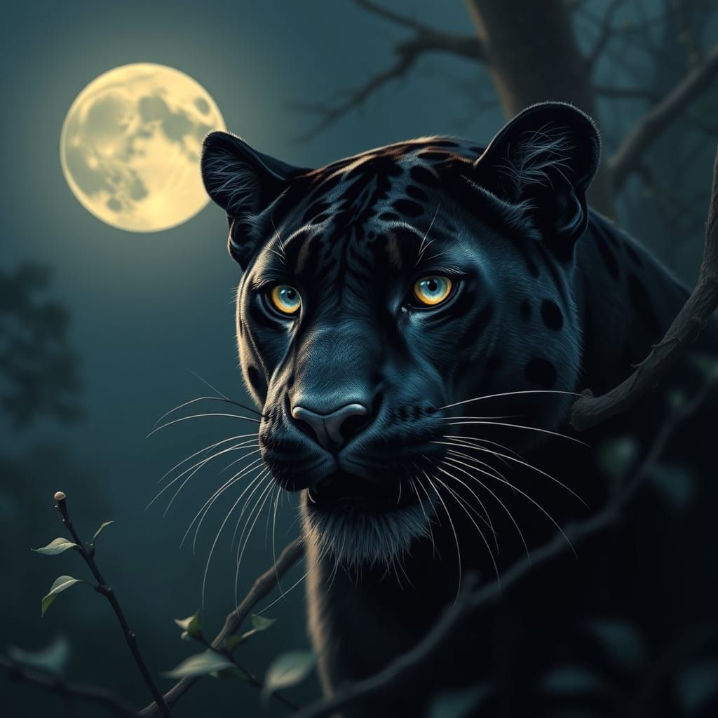 Girl and Black Panther Under Realistic Stormy Night Sky