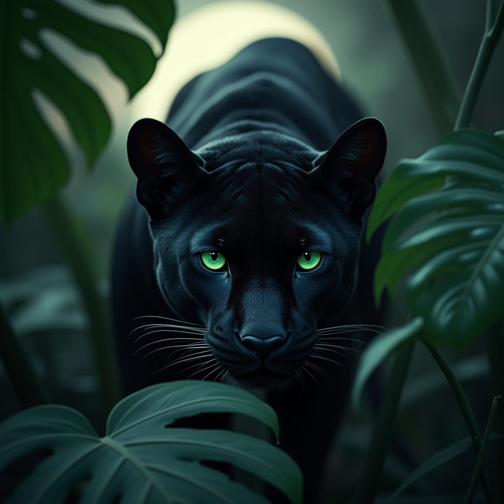 Black Panther Hunting in Moonlight, Ethereal Art Style