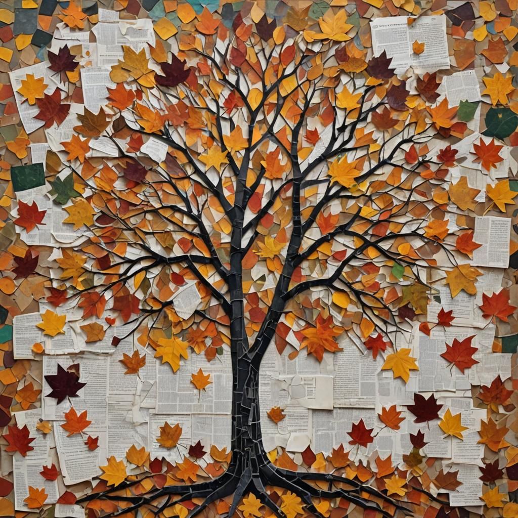 Autumn Tree in Mixed Media Collage Style