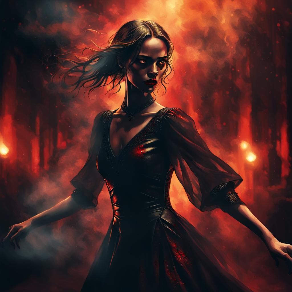 Woman Dancing with Dark Figure in Smoky Nightclub