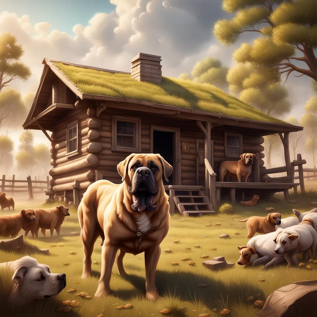 Mastiff on Cattle Ranch in Spring, Airbrushed Art