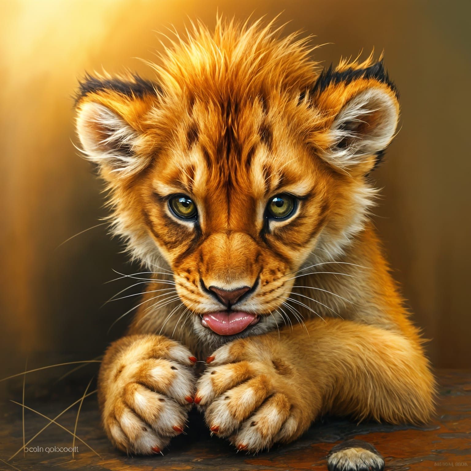 Fiery Lion Cub Licking Paws