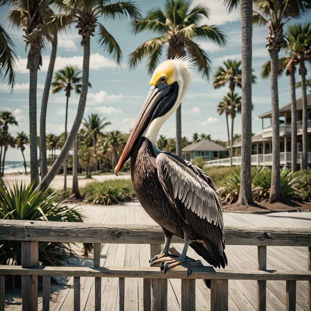 Pelican on a Boardwalk: Rustic Florida Scene