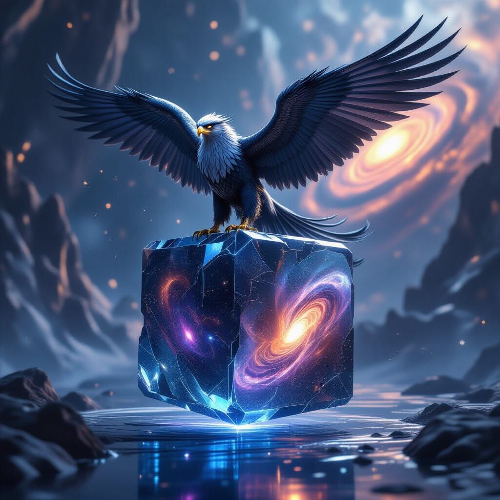 Majestic Griffin on Crystalline Metaverse Cube
