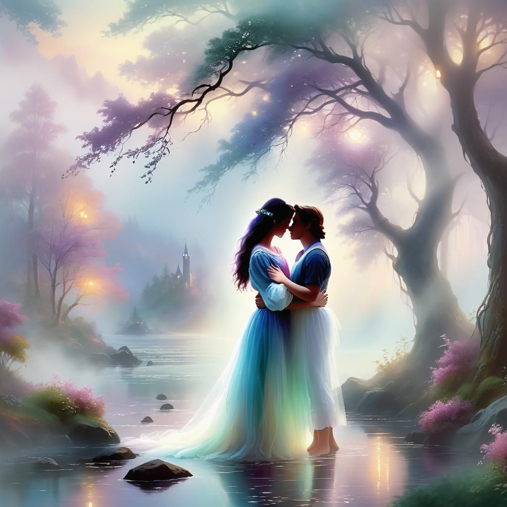 Lovers Embrace on Misty Isle: Kinkade-Inspired Fantasy