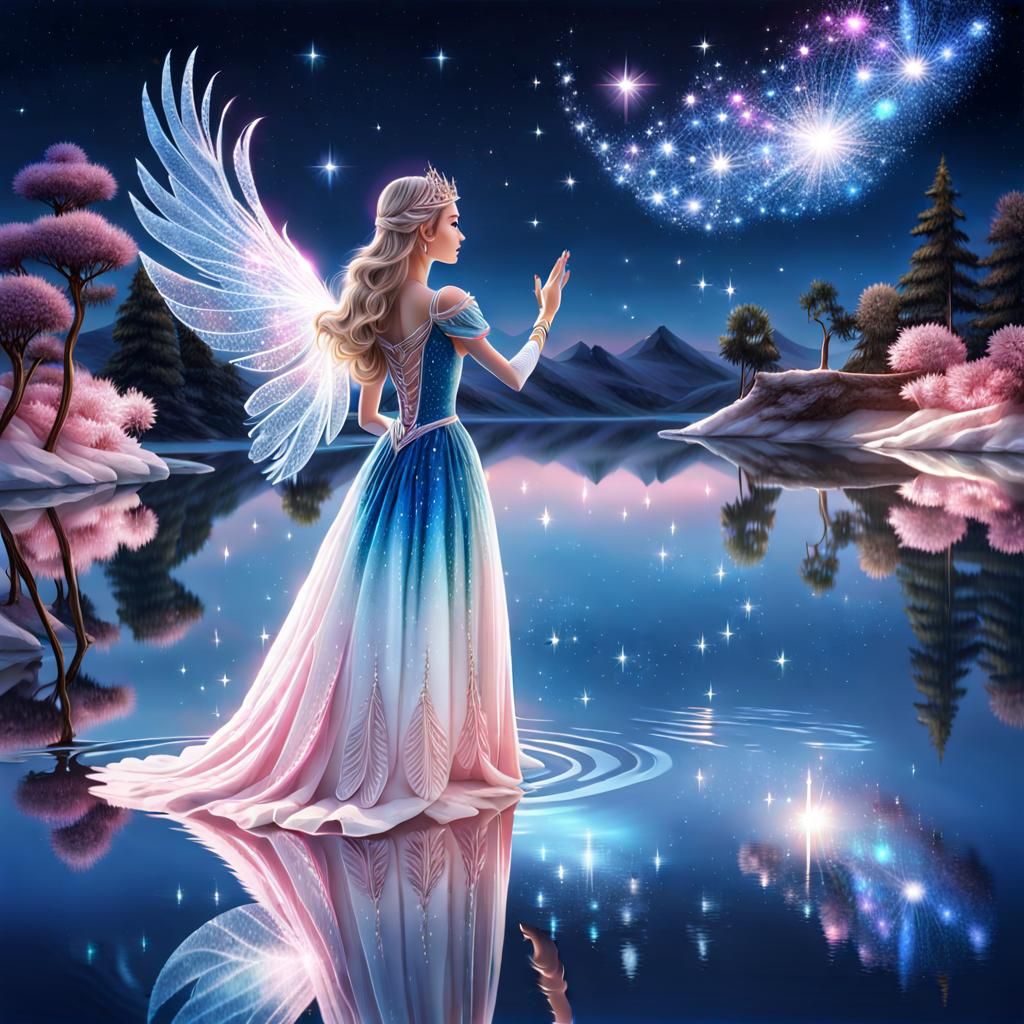 Princess Reaching for Reflection Under Stars, 3D Render