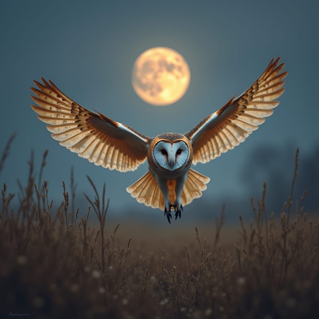 Barn Owl in Moonlit Field: Wildlife Art