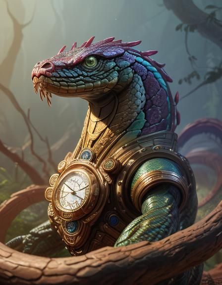 Biomechanical Snake Creature in Mystical Forest