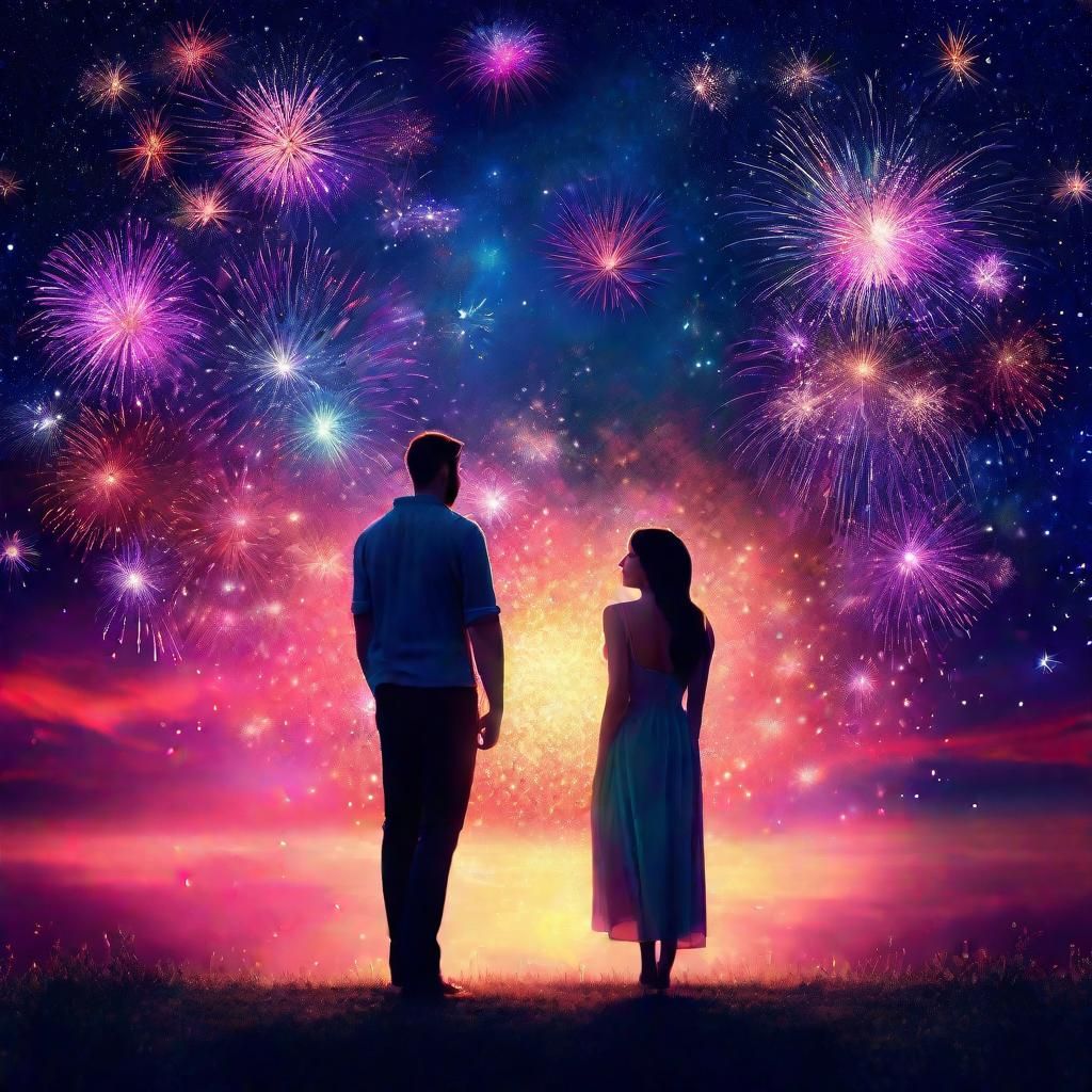 Romantic Couple Under a Starry Fireworks Sky