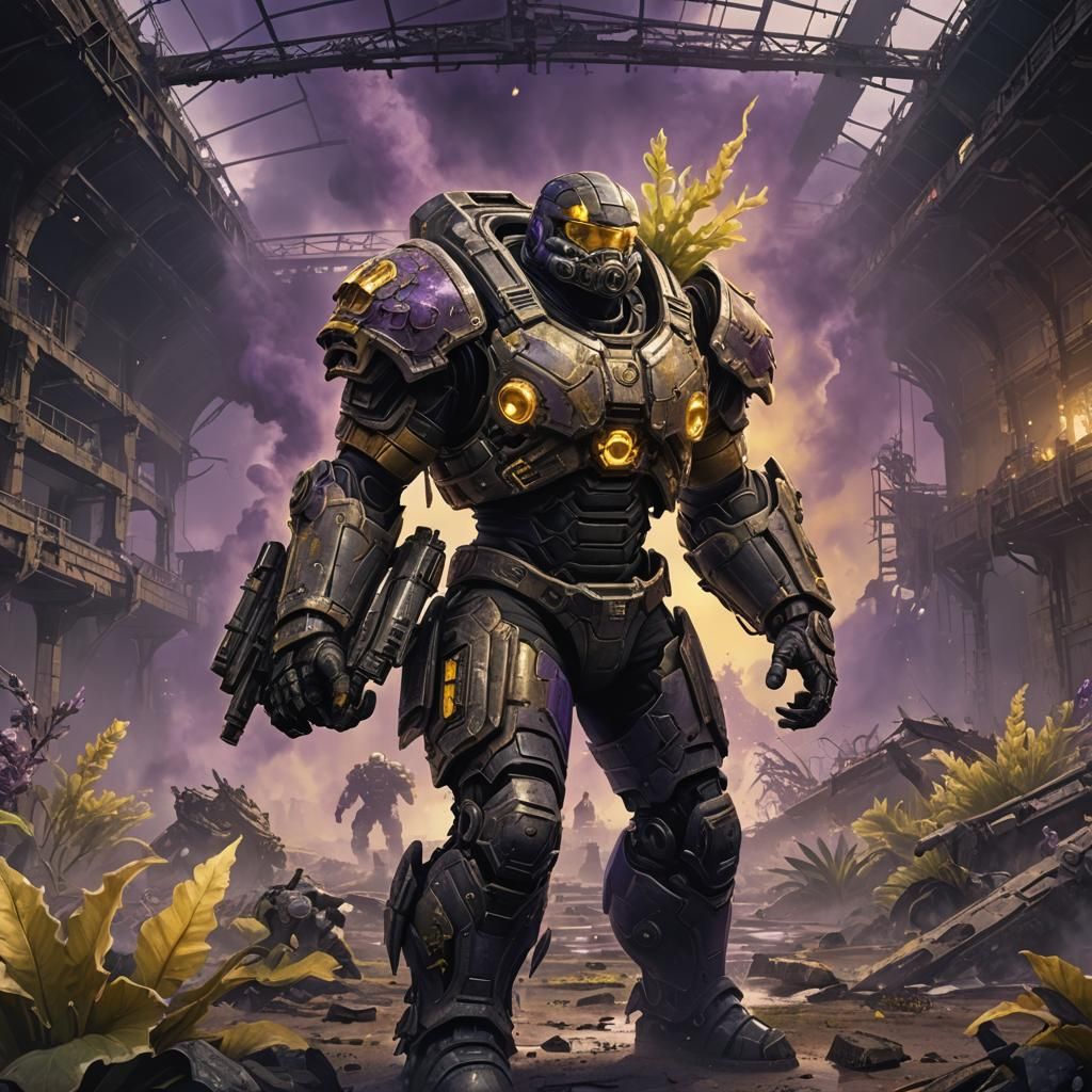 Armored Football Player with Bomb in Ruined Stadium