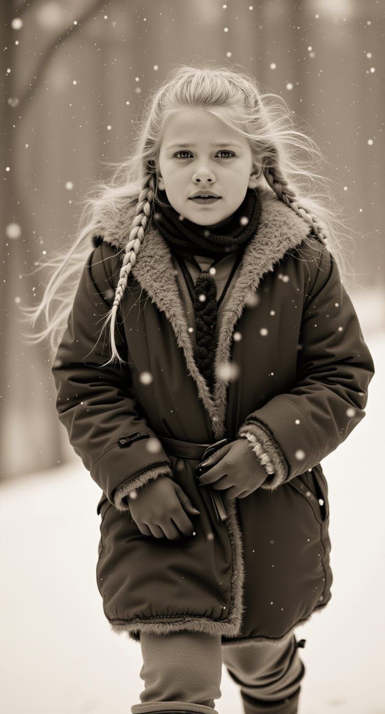 Viking Girl in Snowy Landscape, Vintage Black and White Phot...