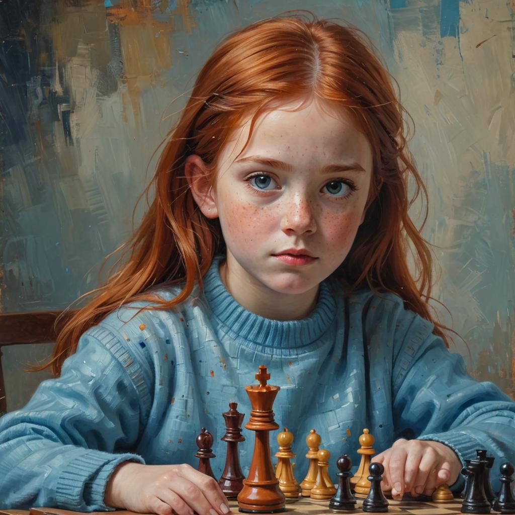 Girl with Freckles Playing Chess as Oil Painting
