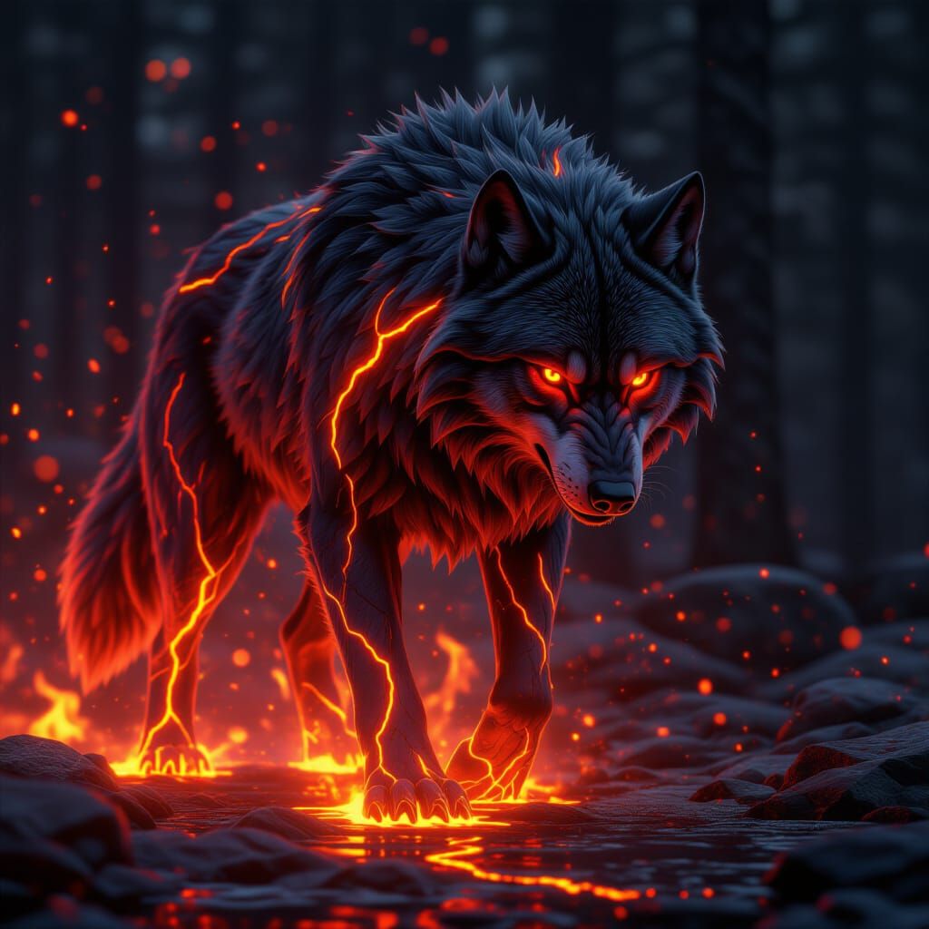 Lava Wolf with Glowing Cracks: Detailed Matte Painting