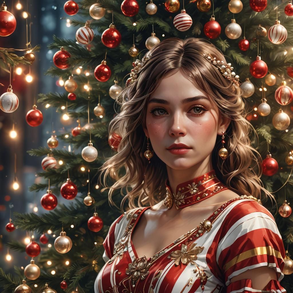 Festive Portrait with Christmas Tree, Detailed Digital Art