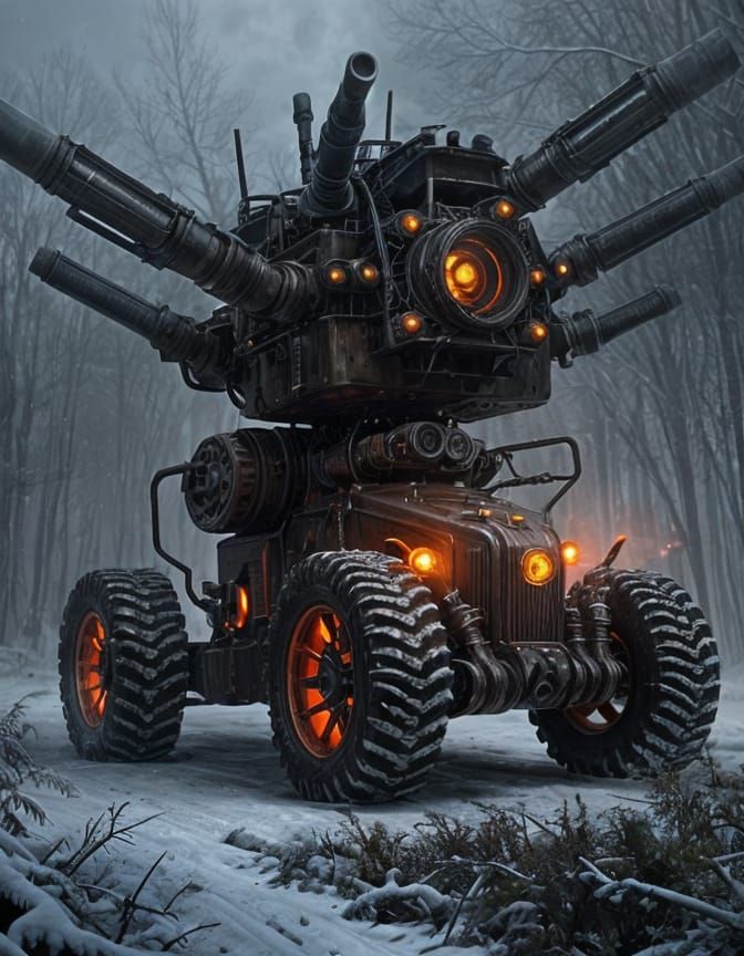 Sinister Steampunk War Machine in Snowy Forest