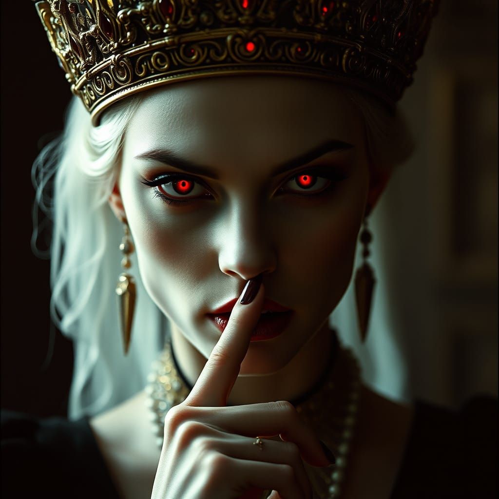 Ethereal Vampire Queen with Lavish Crown and Piercing Red Ey...