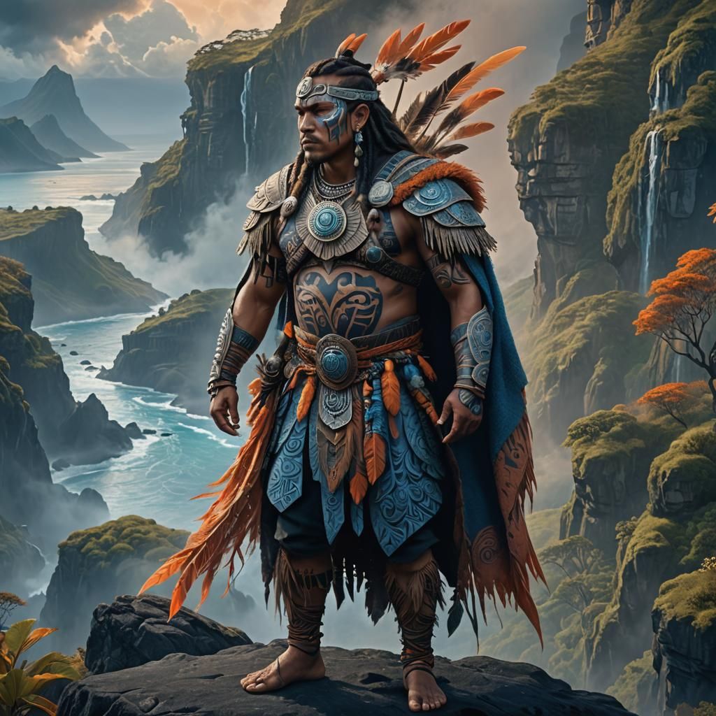 Maori Warrior on Cliffside: Fantasy Concept Art