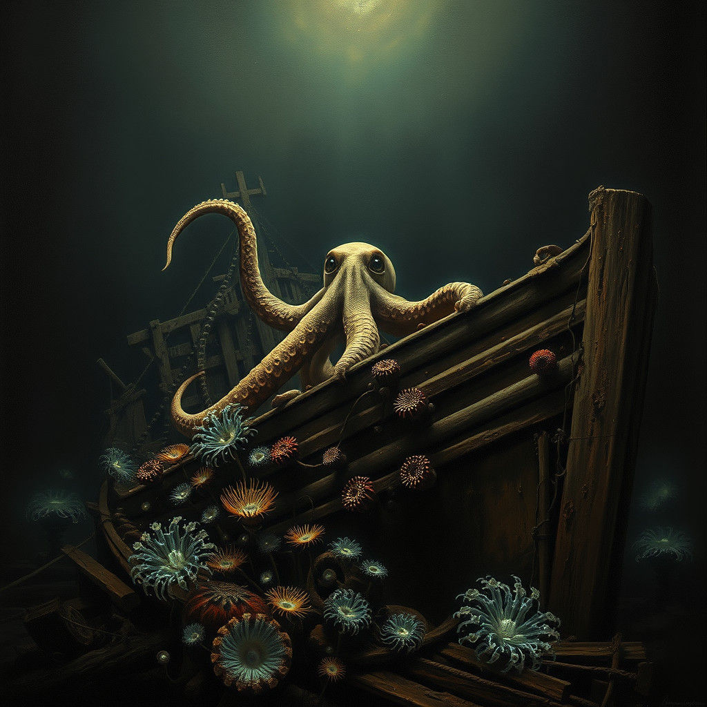 Ethereal Shipwreck Scene in Dark, Mysterious Depths