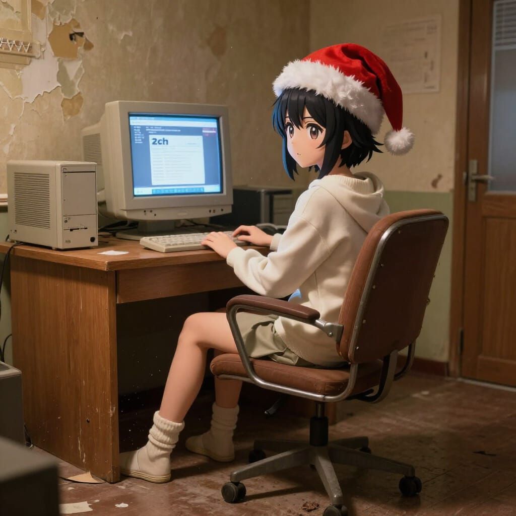 Anime Girl in Christmas Hat Sits at Soviet PC