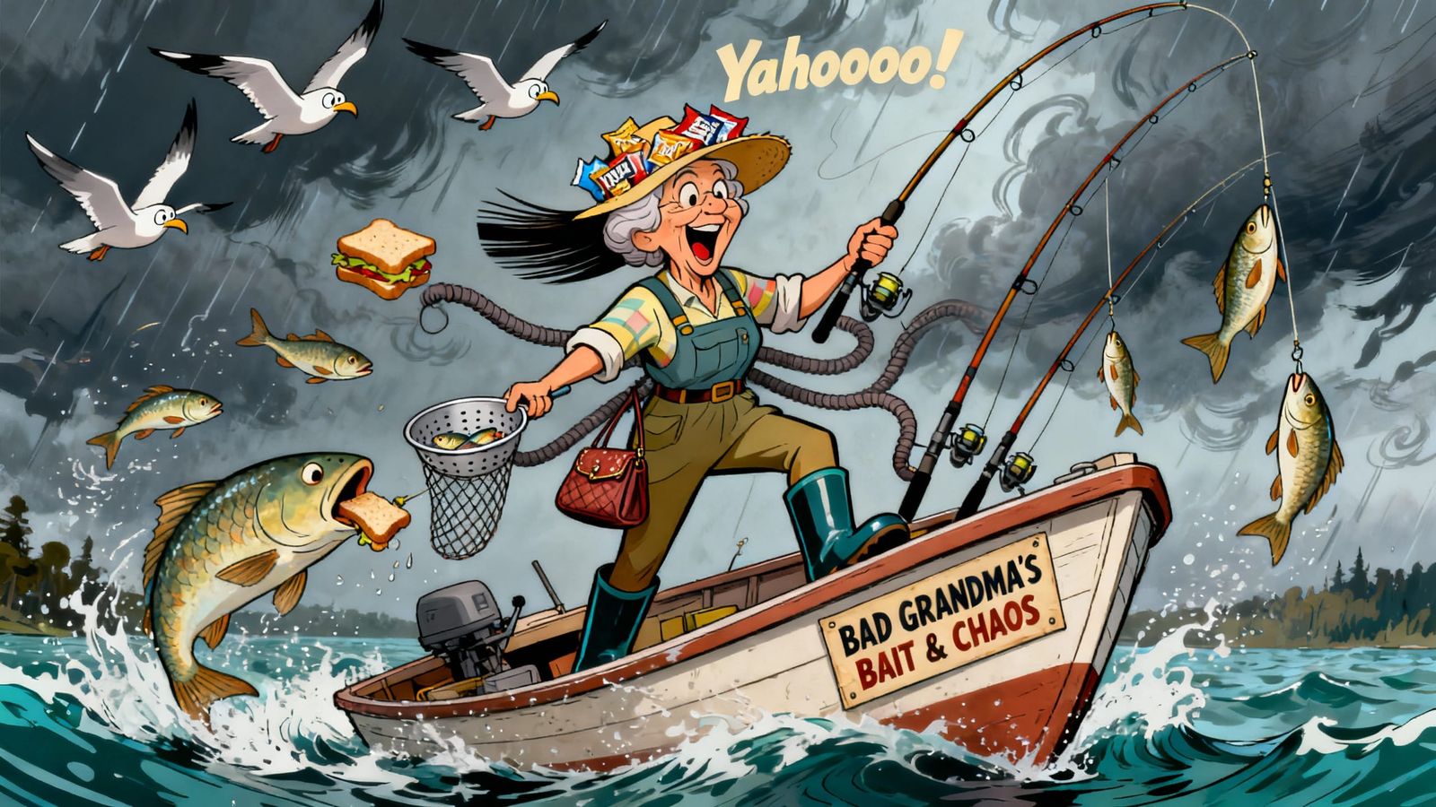 Bad Grandma's Hilarious Fishing Chaos in Cartoon Style