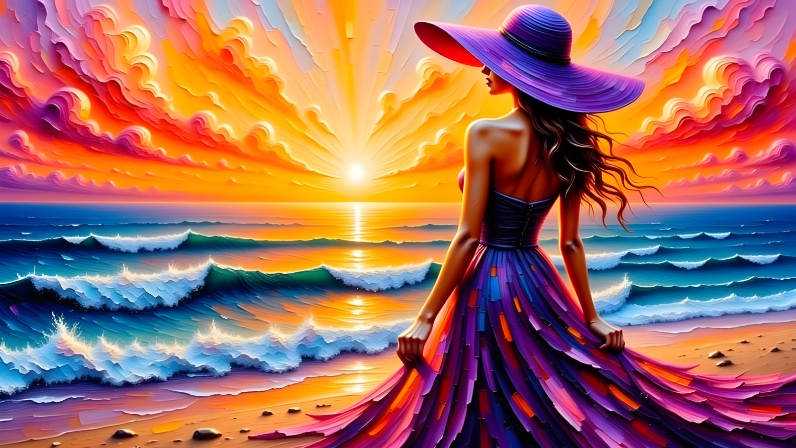 Impressionistic Oil Painting of Woman in Purple at Sunset