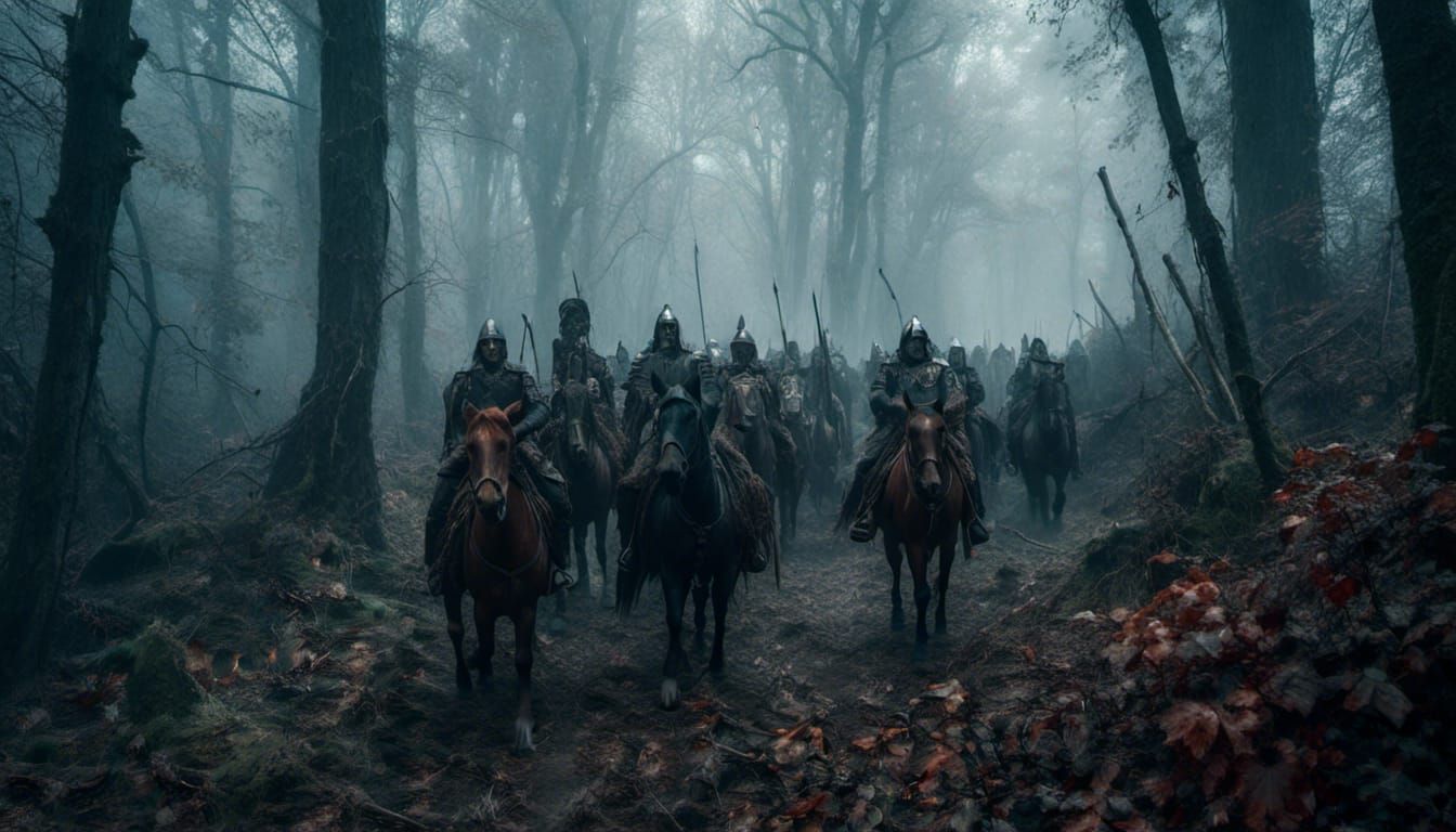 Crusaders March Through Misty Forest