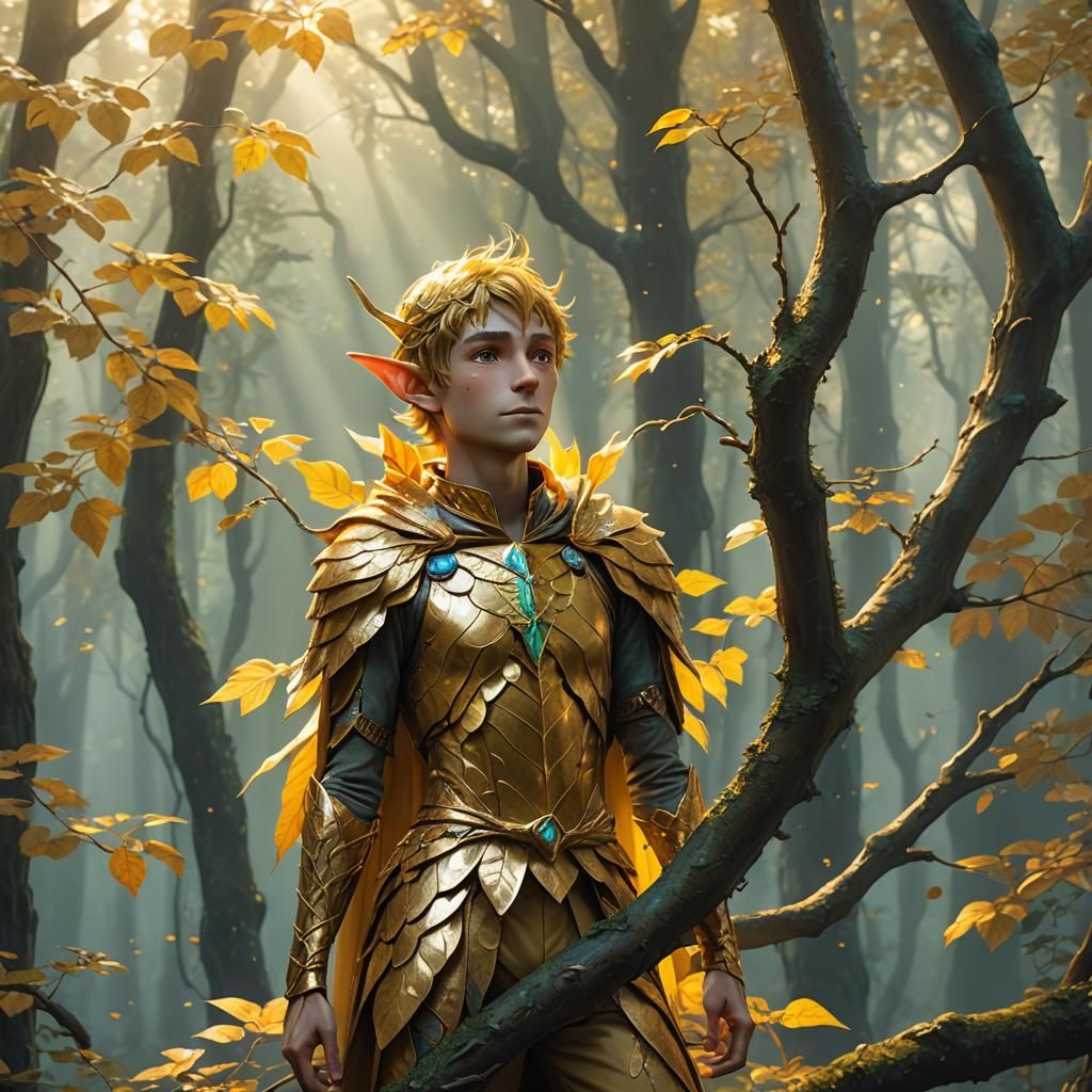 Golden Leaf Elf in Misty Forest: 3D Anime Art