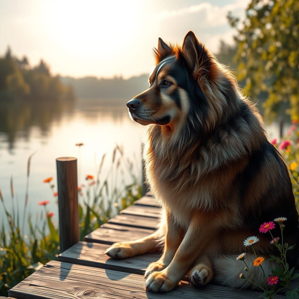 Regal Canine on Serene Lake in Photorealistic Style