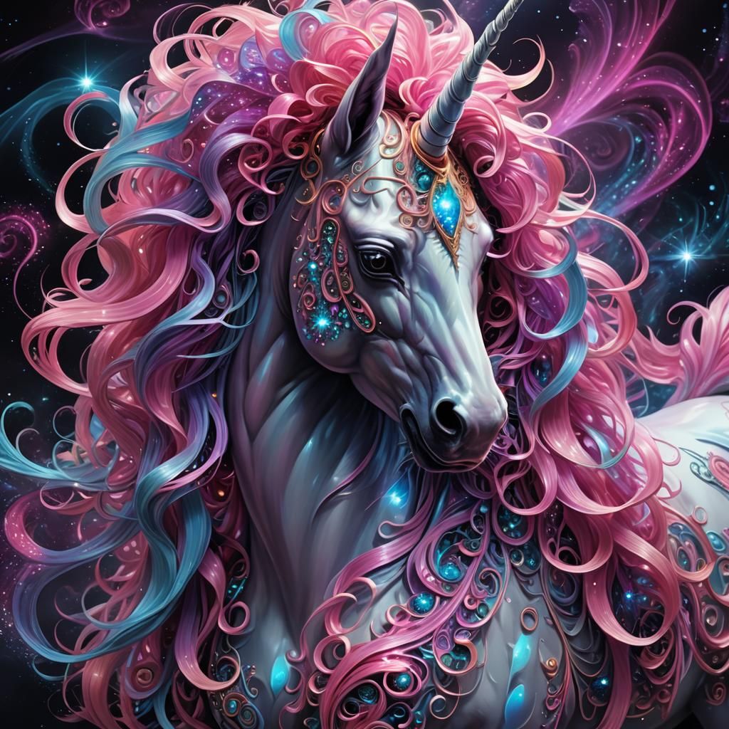 Surreal Fractal Unicorn with Glowing Mane