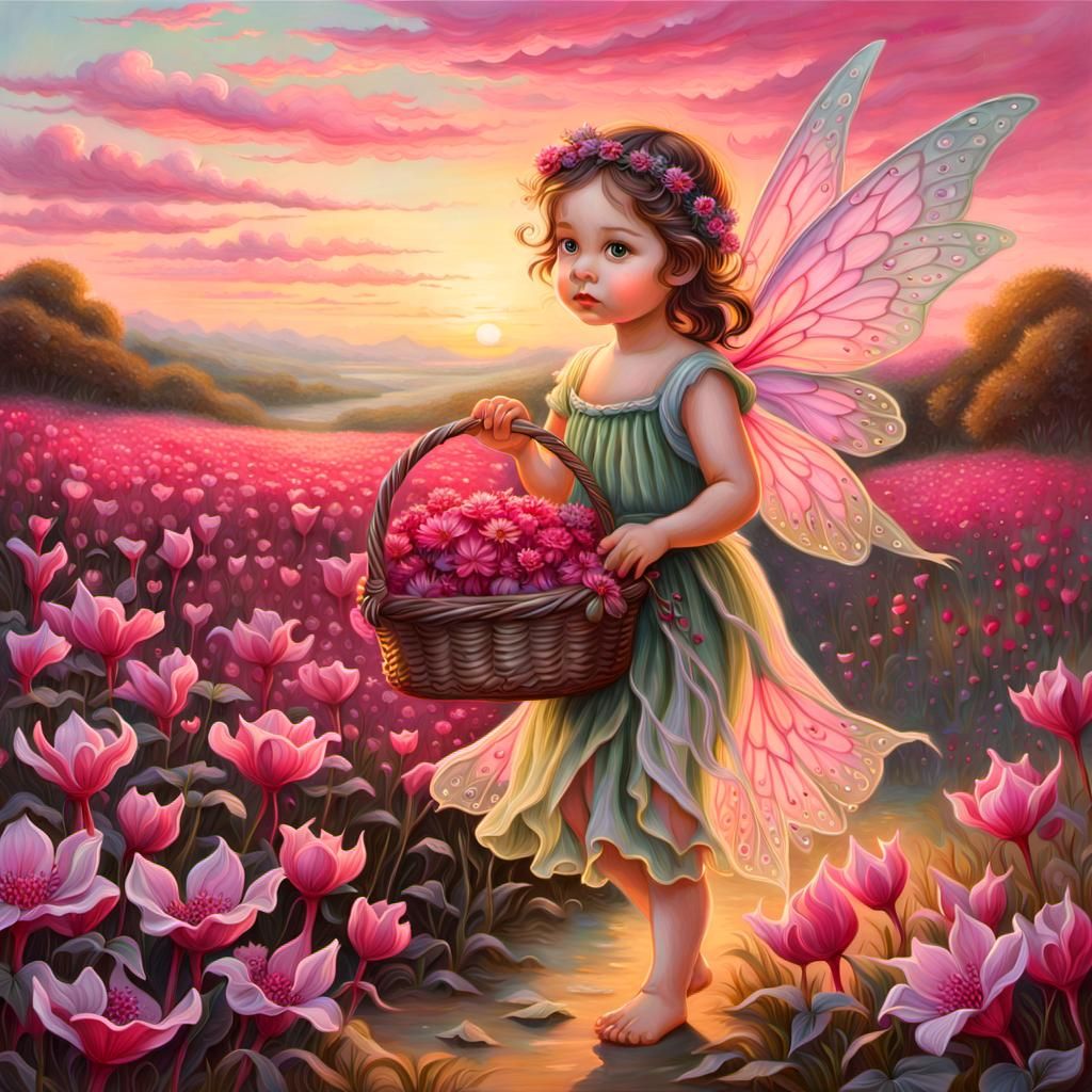 Toddler Fairy with Flowers in Oil Painting Style