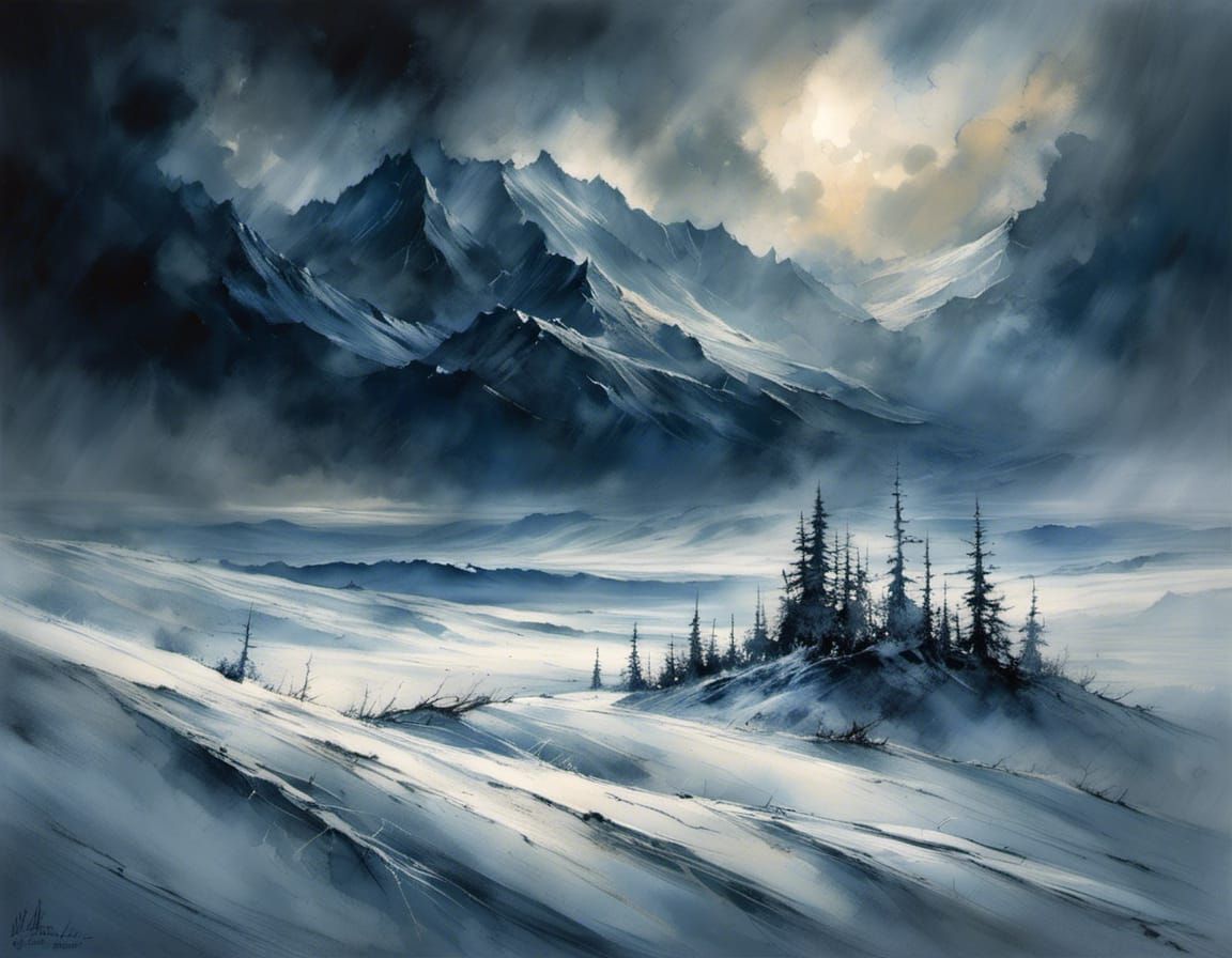 Dramatic Storm over Snowy Landscape in Art Style