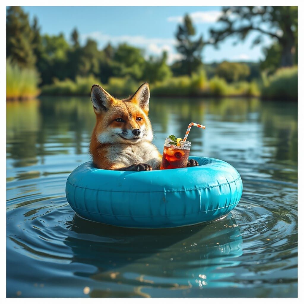 Fox Lounging on Lazy River with Cocktail