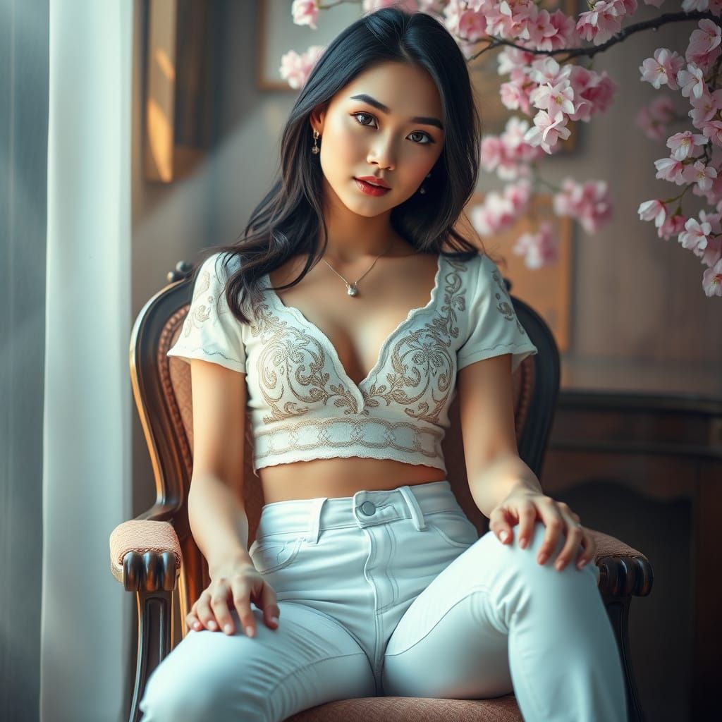 Hyperrealistic Woman in Ornate Chair with Cherry Blossoms