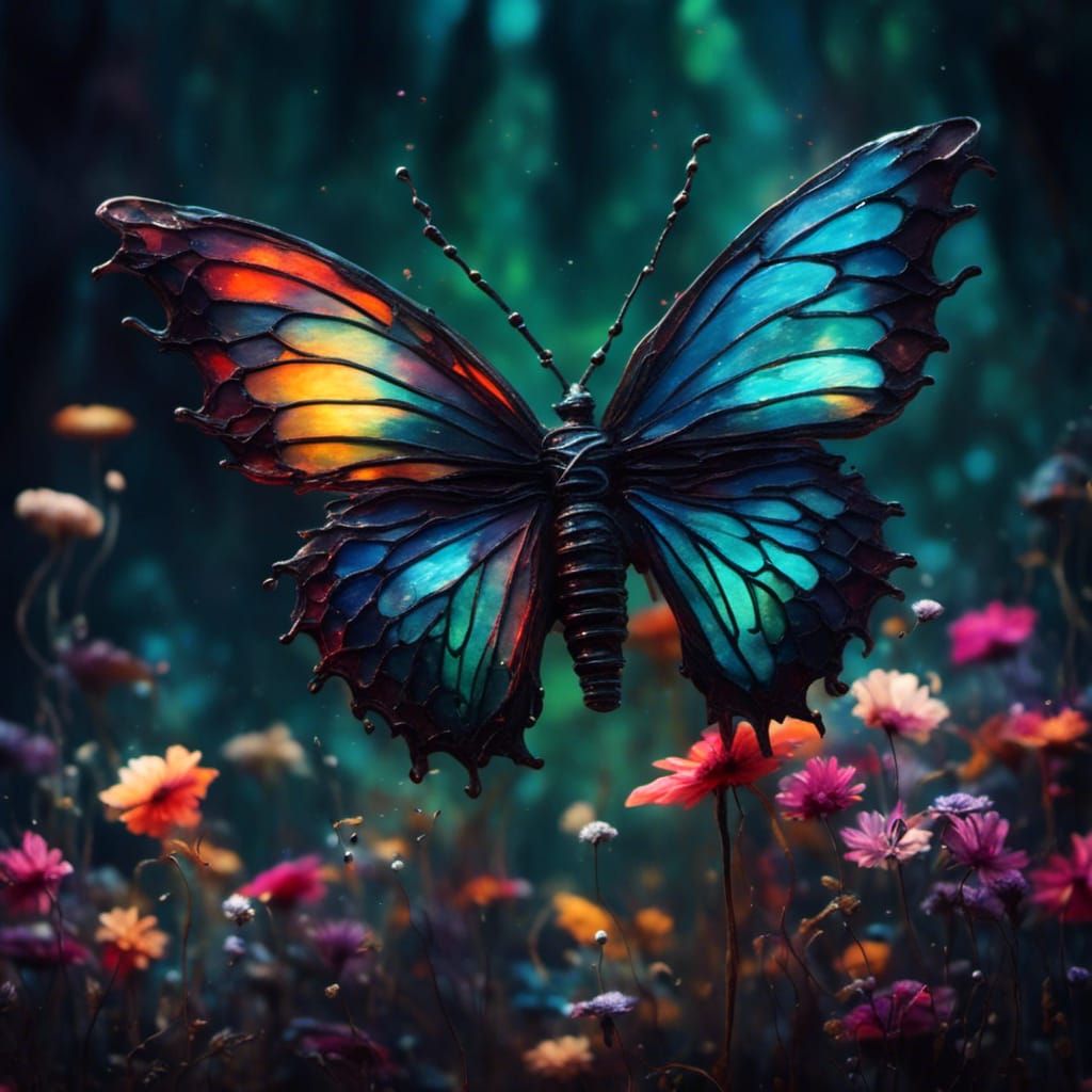 Dark Surreal Glass Butterfly on Flower