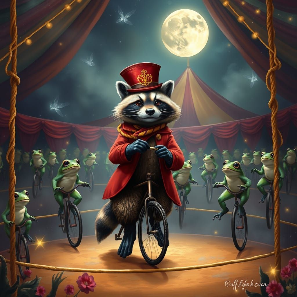 Enchanted Circus Scene with Raccoon Ringmaster and Frogs on ...