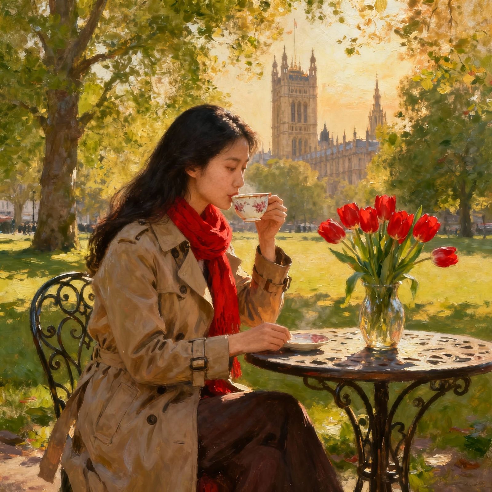 Eurasian Woman Enjoys Tea in London Park