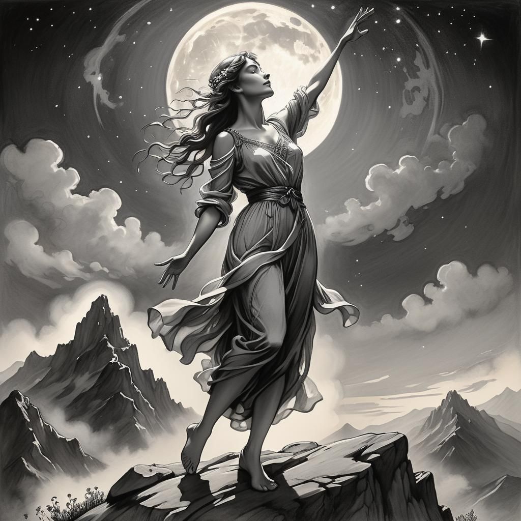 Moonlit Figure on Mountain, Charcoal Drawing