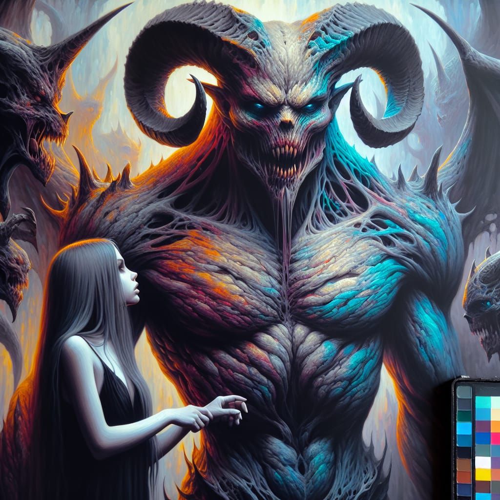 Sinister Daemon Journey Through Underworld in Oil Painting