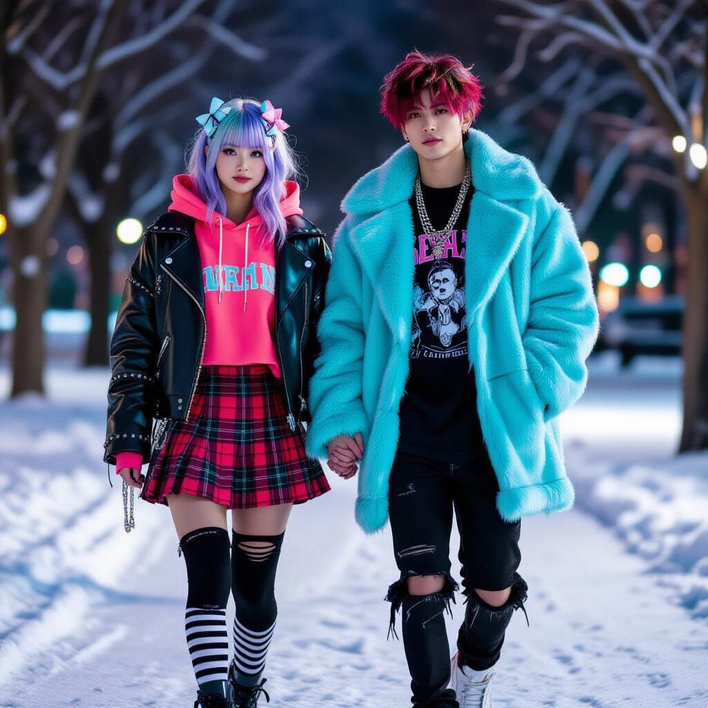 Couple in Emo-Inspired Outfits in Snowy Park at Night