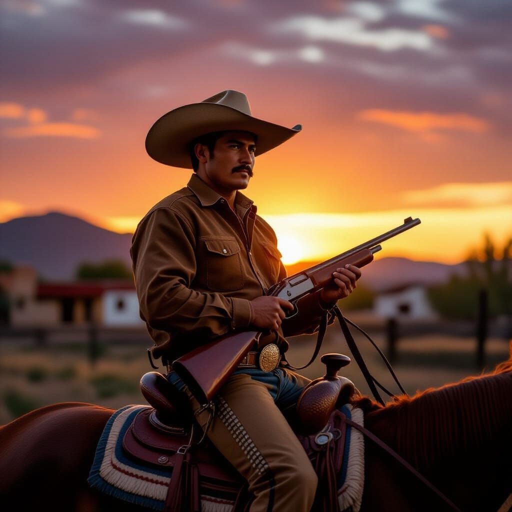 Mexican Cowboy Riding into the Sunset