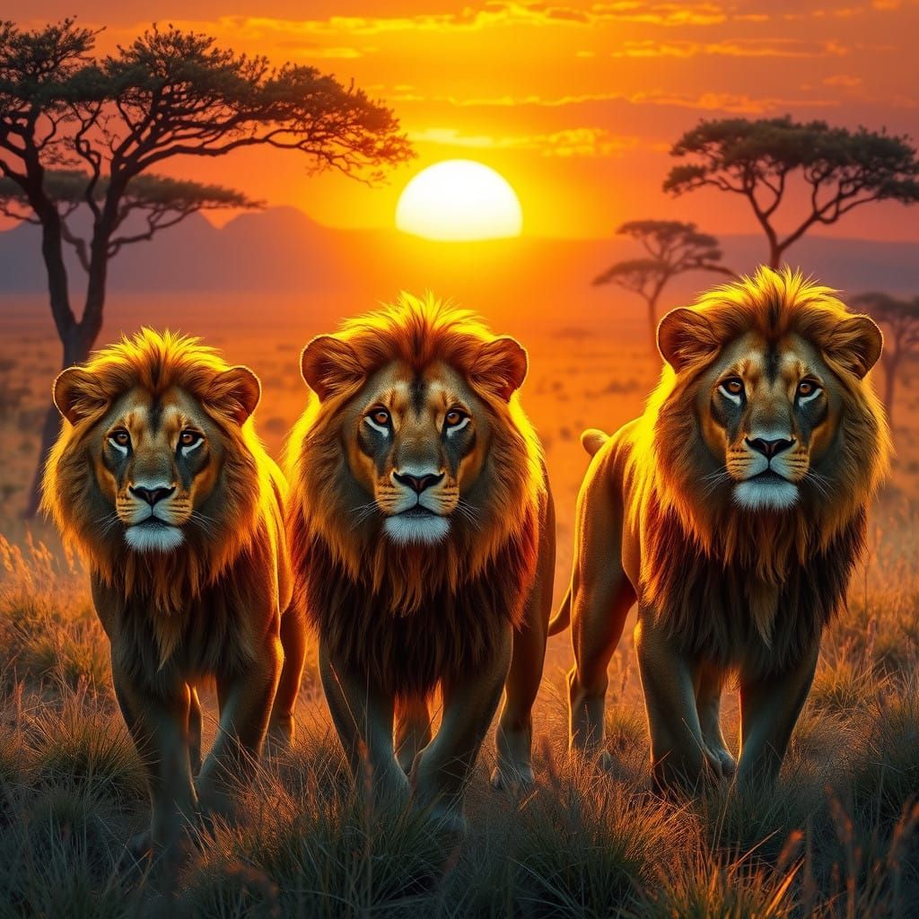 Regal Lions in African Sunset Landscape