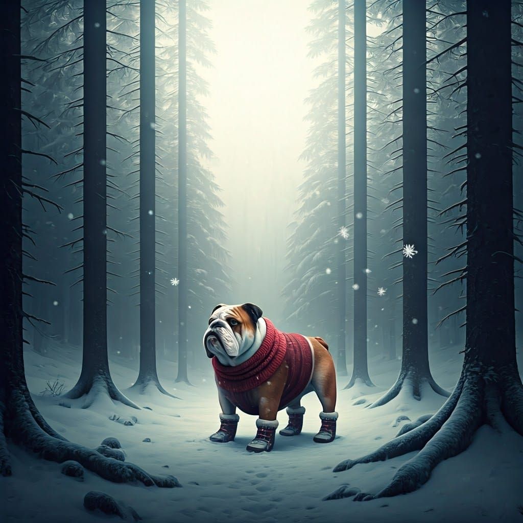 Bulldog Hero in Snowy Forest, Digital Painting