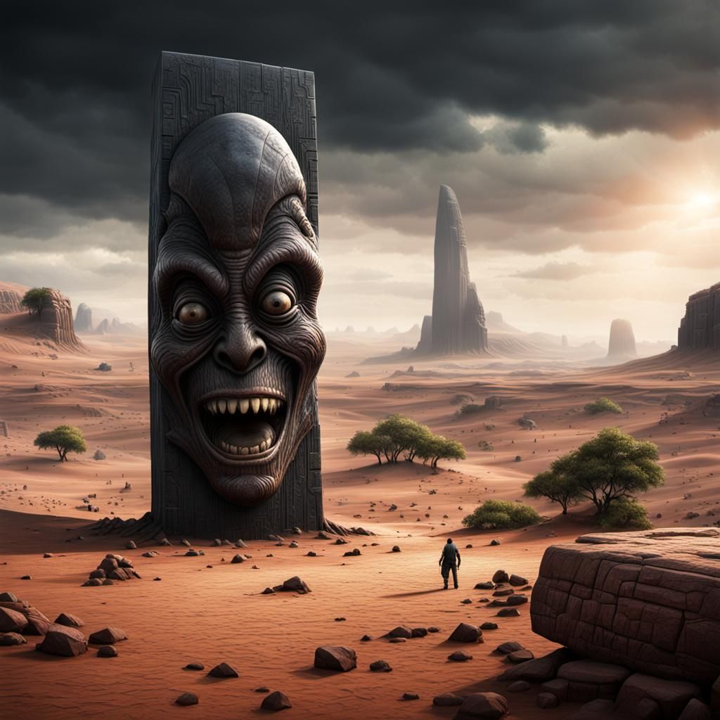 Laughing Alien Beside a Large Monolith