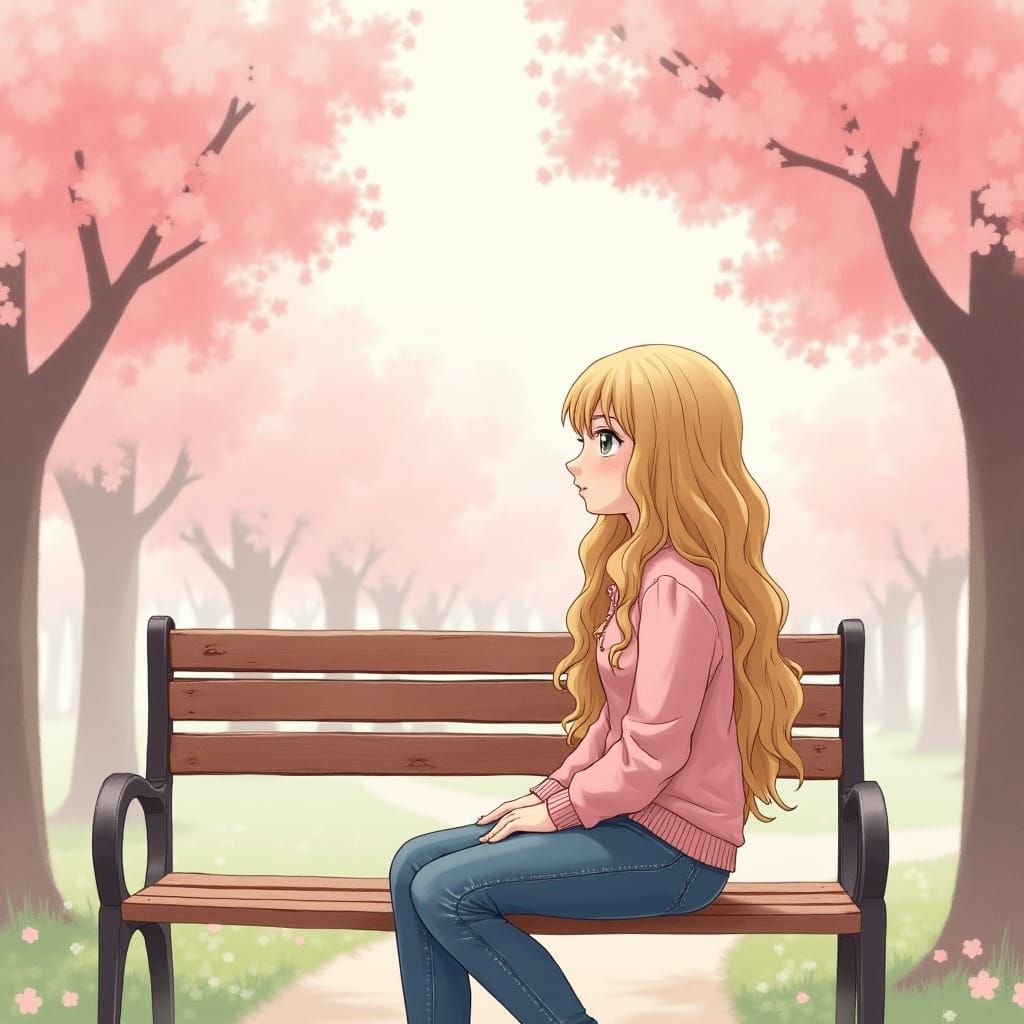 Girl Among Cherry Blossoms in Watercolor Style